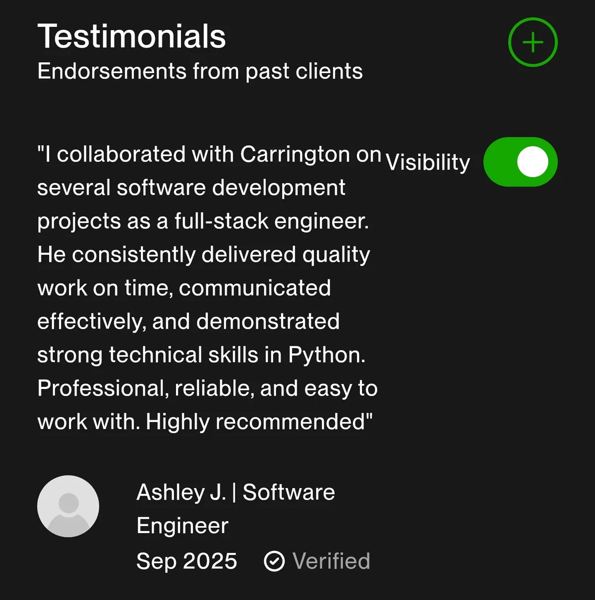 Screenshot of the Upwork review from Ashley J.
