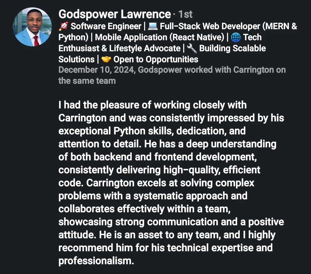 Screenshot of the LinkedIn recommendation from Godspower Lawrence