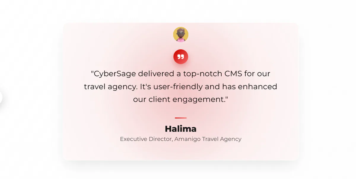 Published testimonial card from Halima, Executive Director at AmaniGo Travel