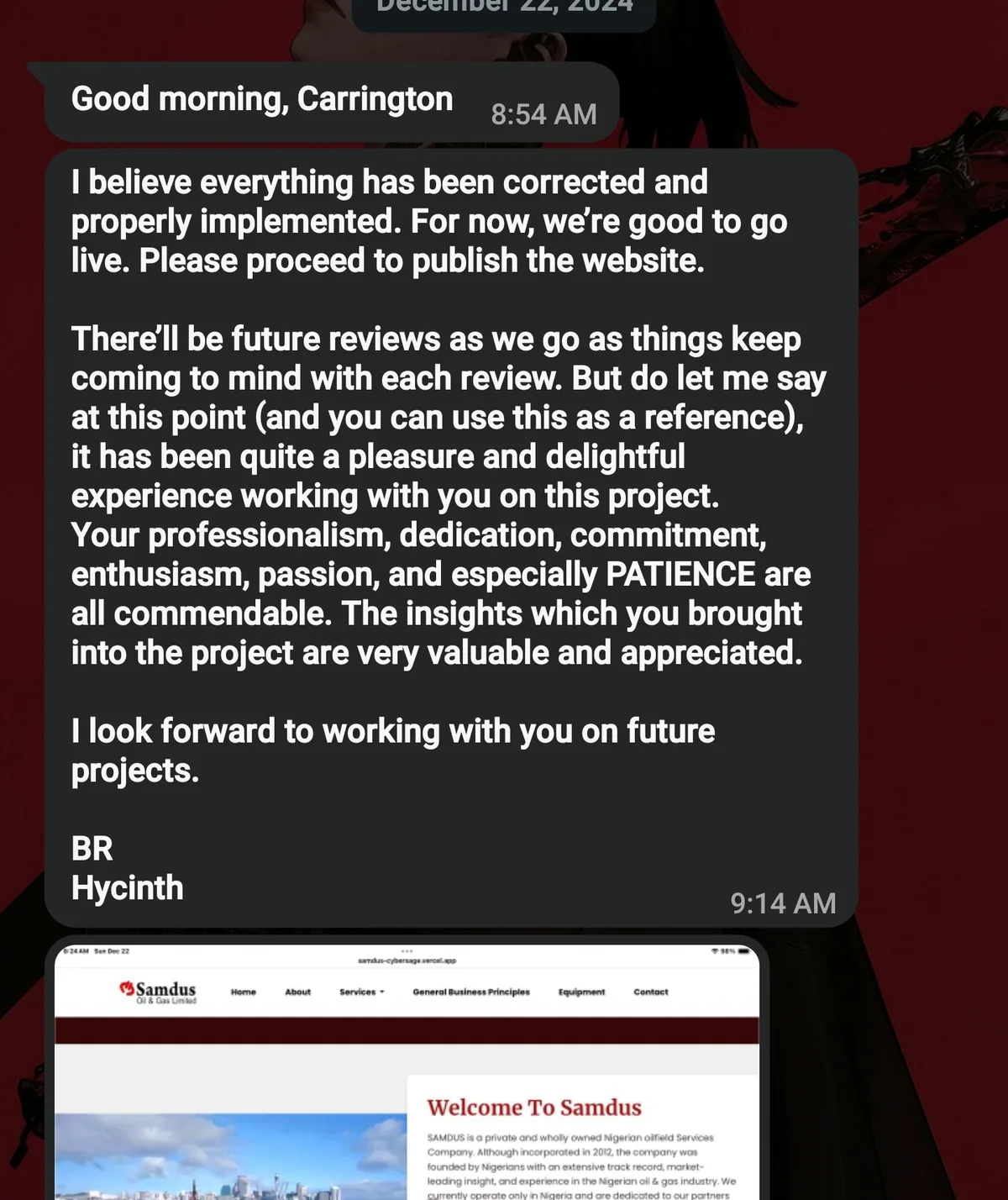 Screenshot of the original message from Hycinth, Chief Executive Officer at SAMDUS Oil & Gas