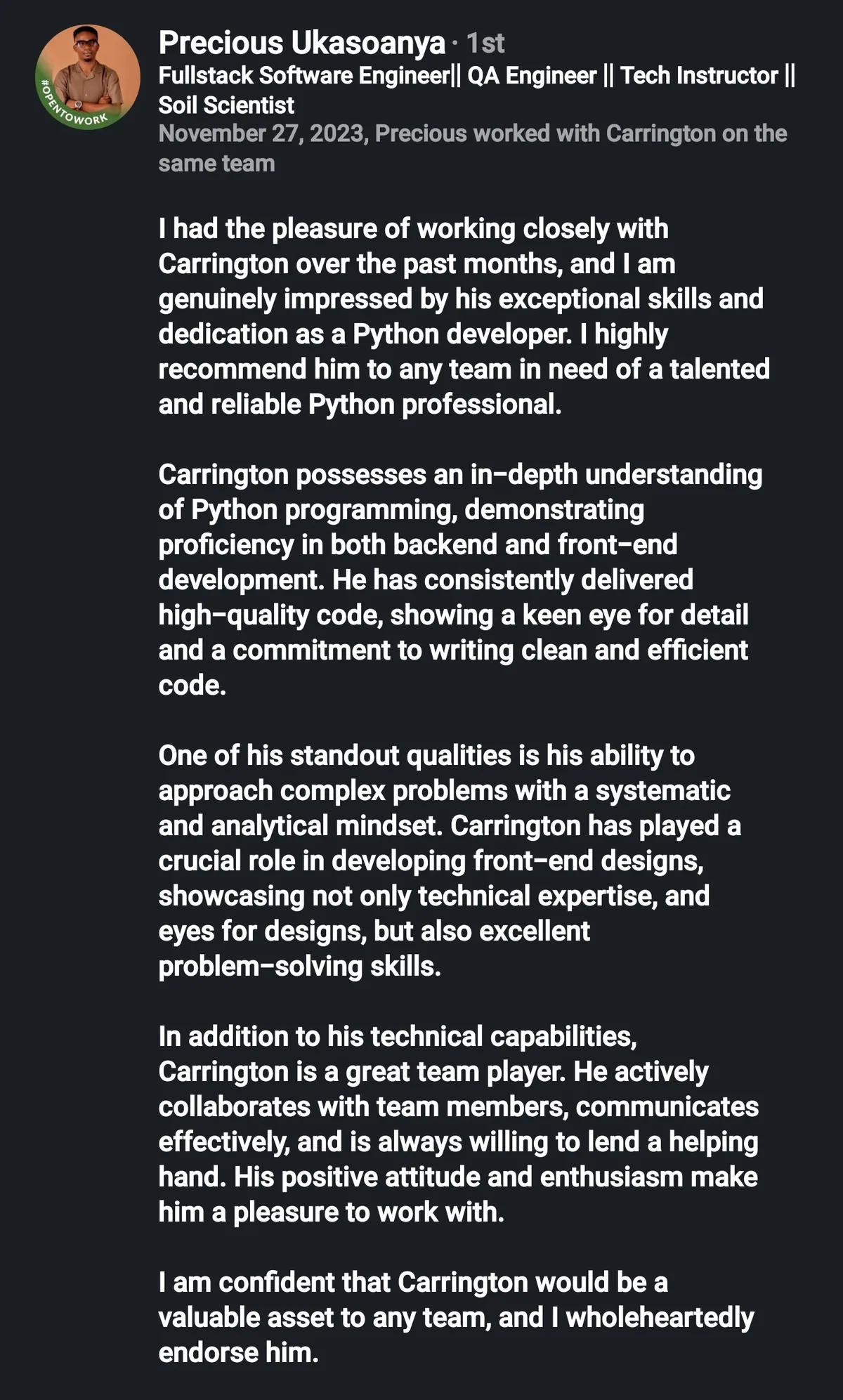 Screenshot of the LinkedIn recommendation from Precious Ukasoanya